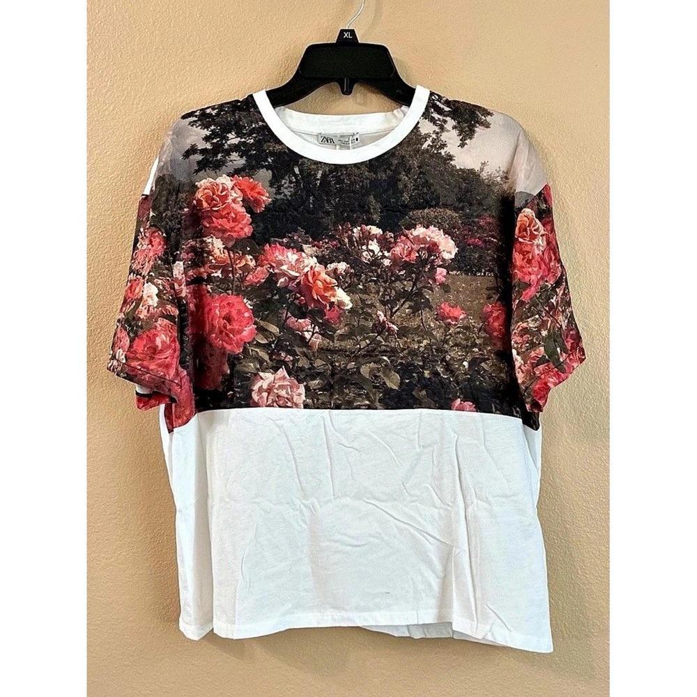 Zara New Small Floral Short Sleeve Top Oversized Boxy Crew Neck T-Shirt Cotton